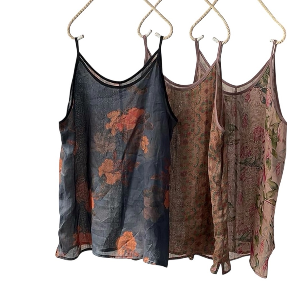 Womens Ramie Camisole Cami Floral Printed Strappy Slip Tops Blouse Tank Shirt - Picture 2 of 3